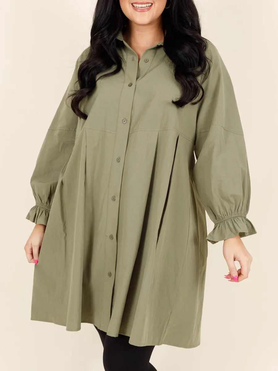 Green Pleated Button Loose Fitting Shirt