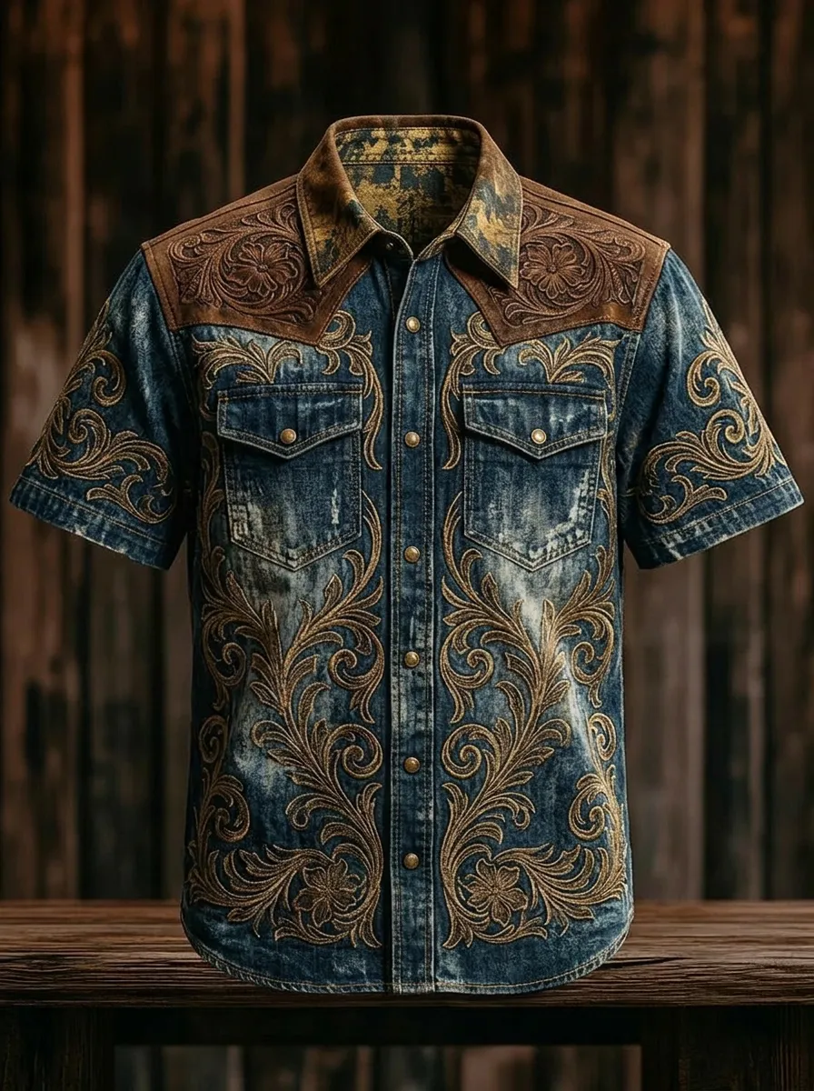 Men's Western Cowboy Floral Tooled Leather Printed Shirt