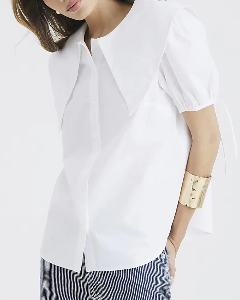 Cotton Round Neck Puff Sleeve Ladies Shirts