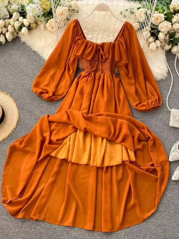 Ruffle Square Neck Balloon Sleeve a Line Dress