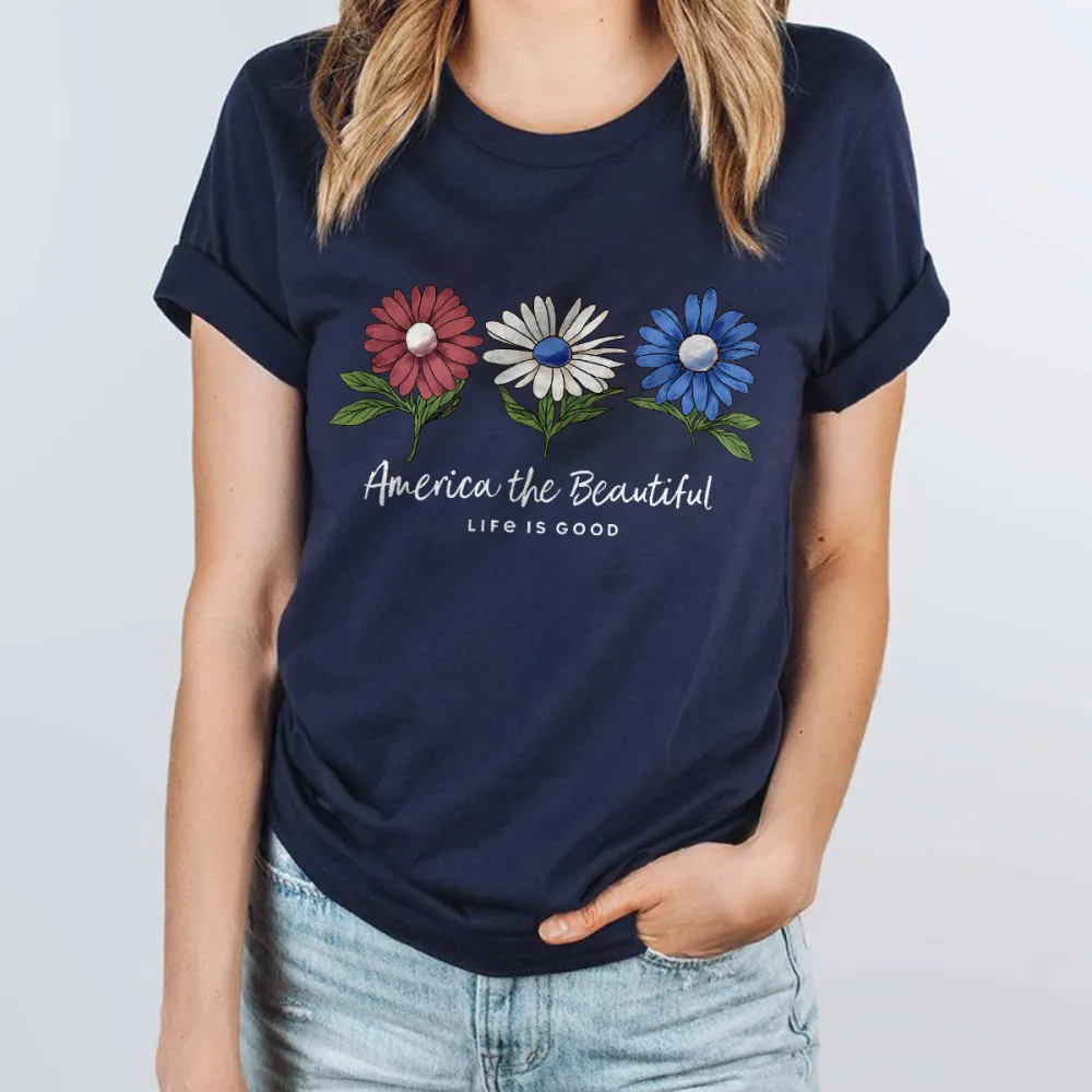 Slogans And Three Daisy Patterns, In Red, White And Blue Casual T-Shirt