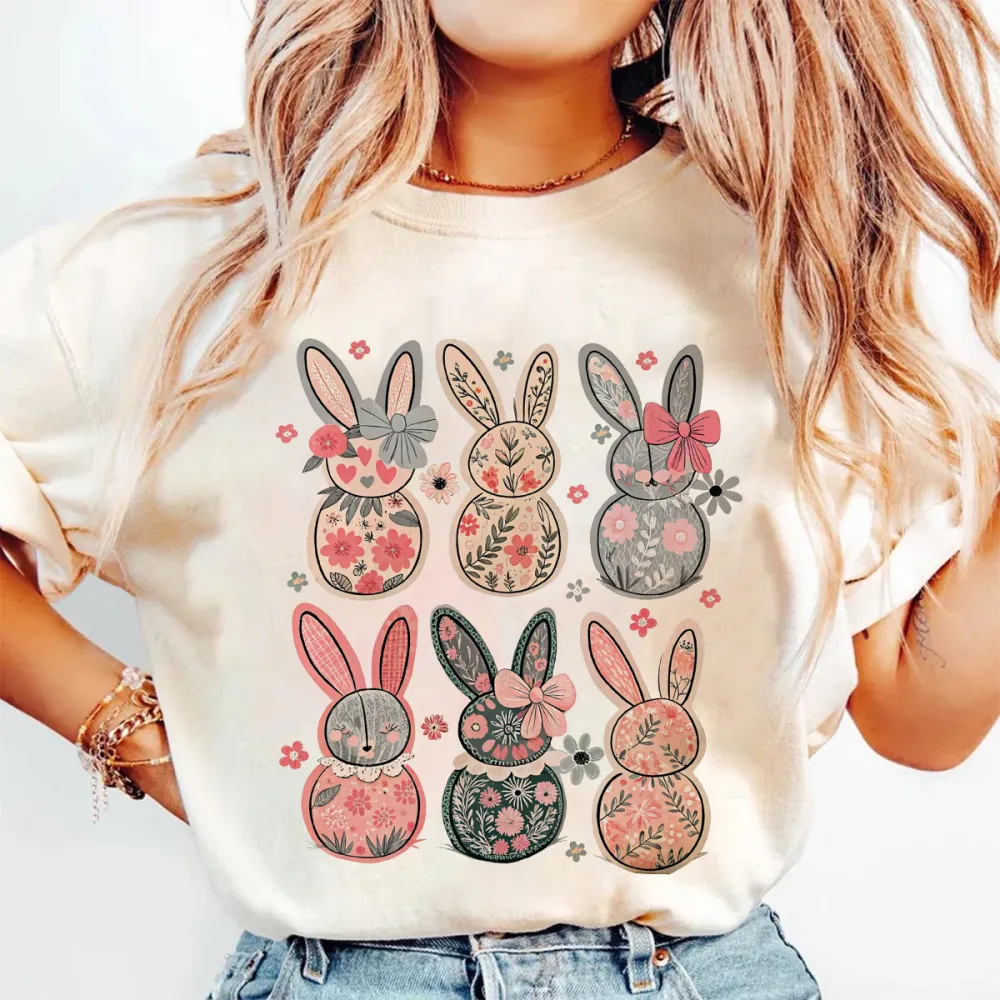 Vintage Floral Bunny Printed Round Neck Short Sleeve T-Shirt