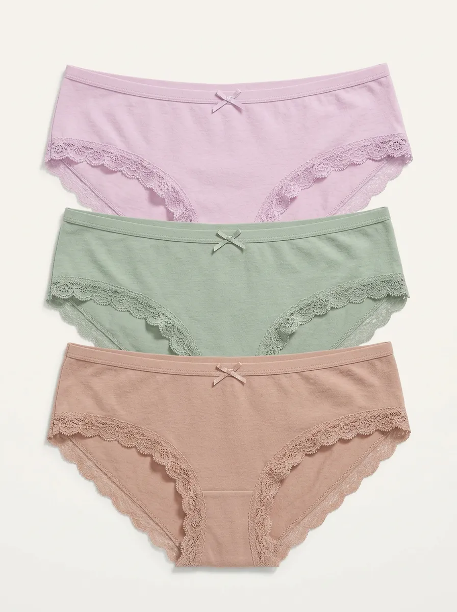 Cotton Lace-Trim Bow-Detail Women's Three-Piece Panty Set