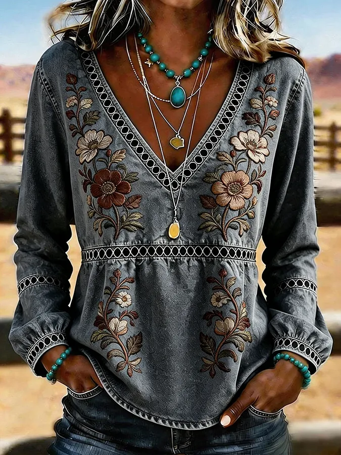 Women's Western Vintage Floral Print Casual V-Neck T-Shirt