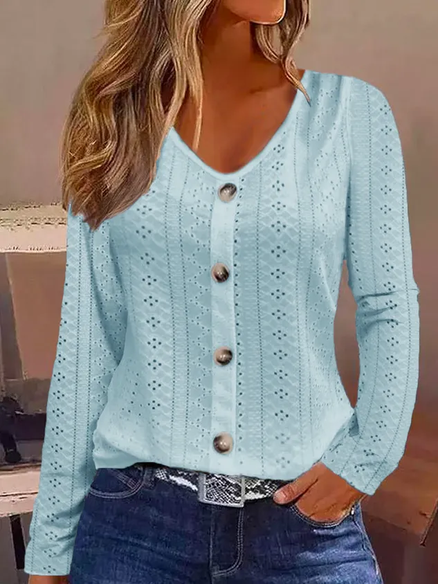 Buttoned Plain Casual Eyelet Embroidery Shirt