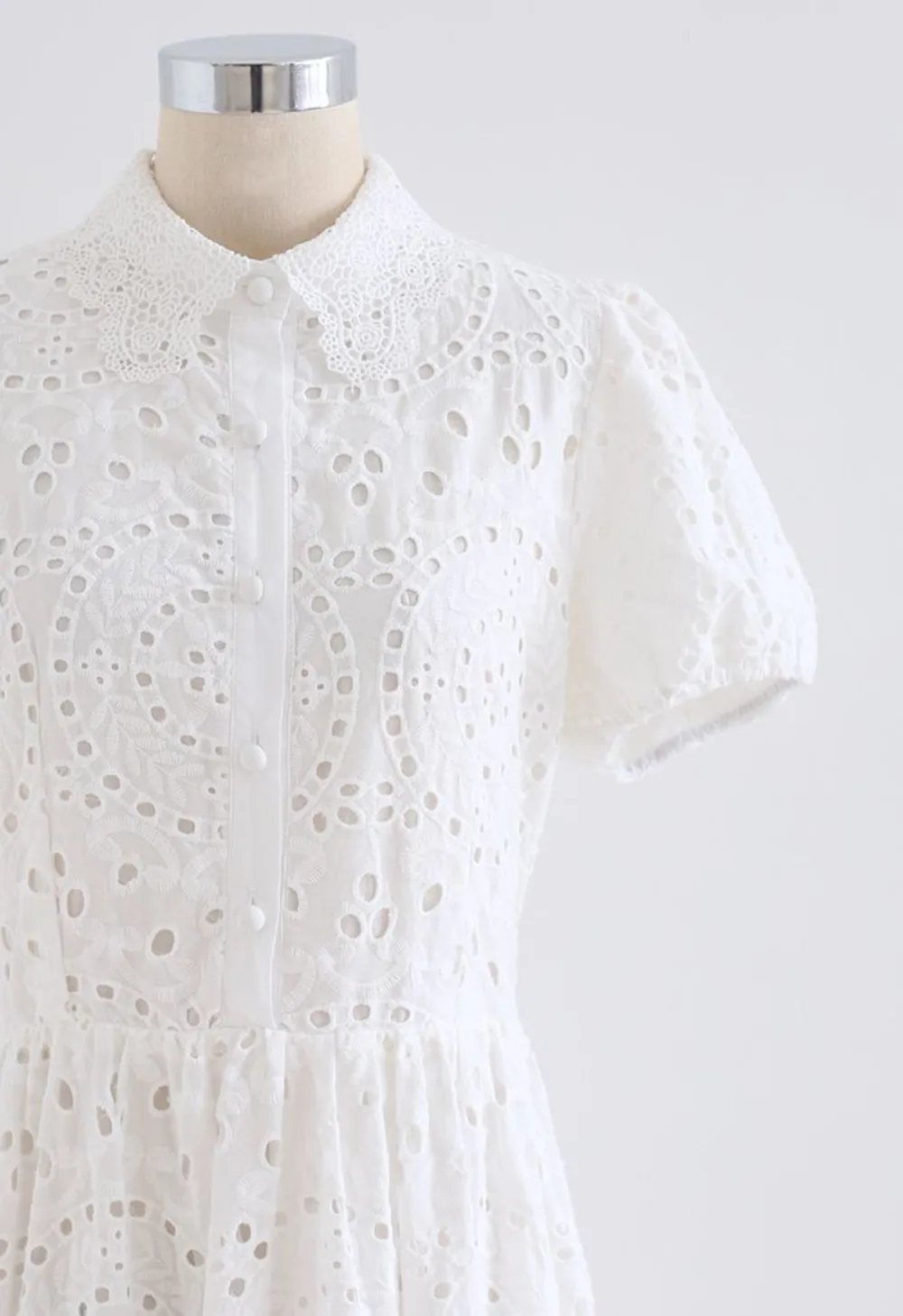 CROCHET COLLAR EMBROIDERED EYELET COTTON DRESS