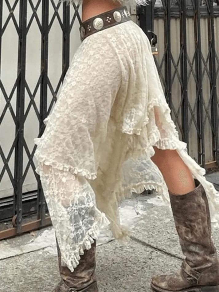 Asymmetric Lace Ruffle Skirt