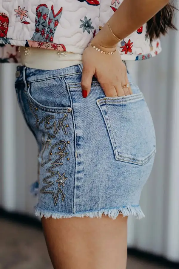 Western Embroidery Stud Denim Casual Shorts