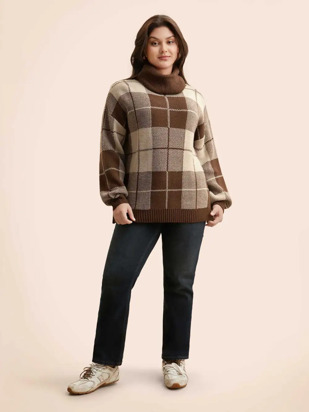 Plaid Turtleneck Drop Shoulder Pullover