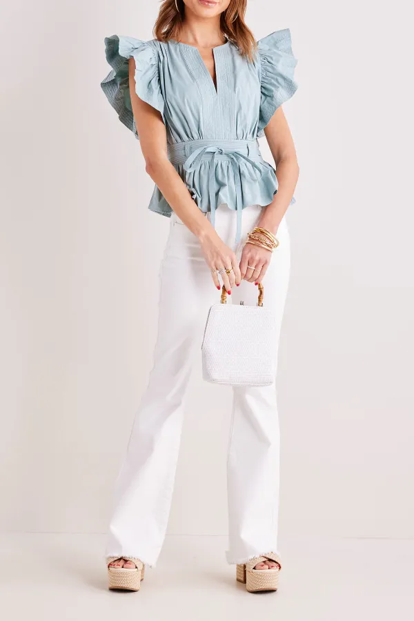 Ruffled Sleeve Tie-Waist Peplum Top