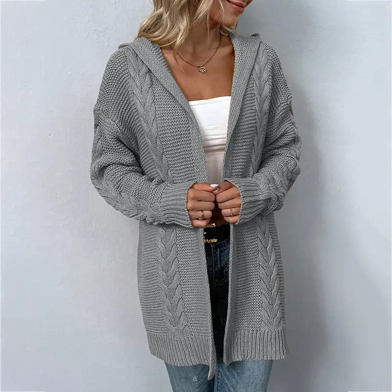 Women's Solid Color Hooded Cardigan Sweater in 3 Colors S-XL