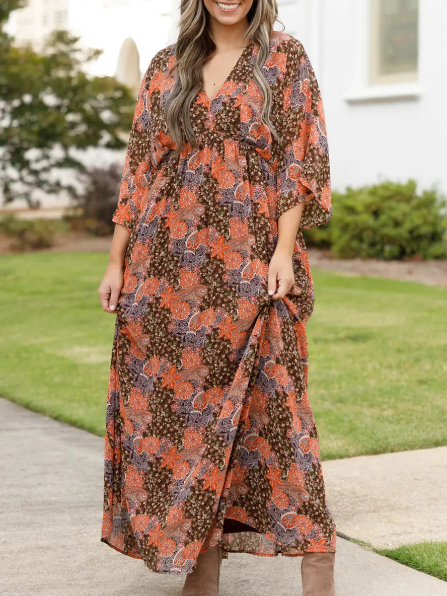 Fragmented floral pattern loose fitting long dress