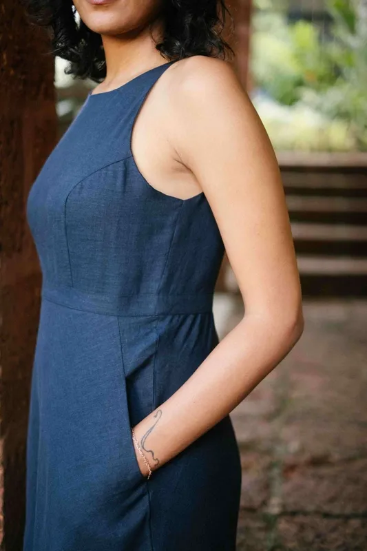 Indigo Blue Linen Cutaway Maxi Dress