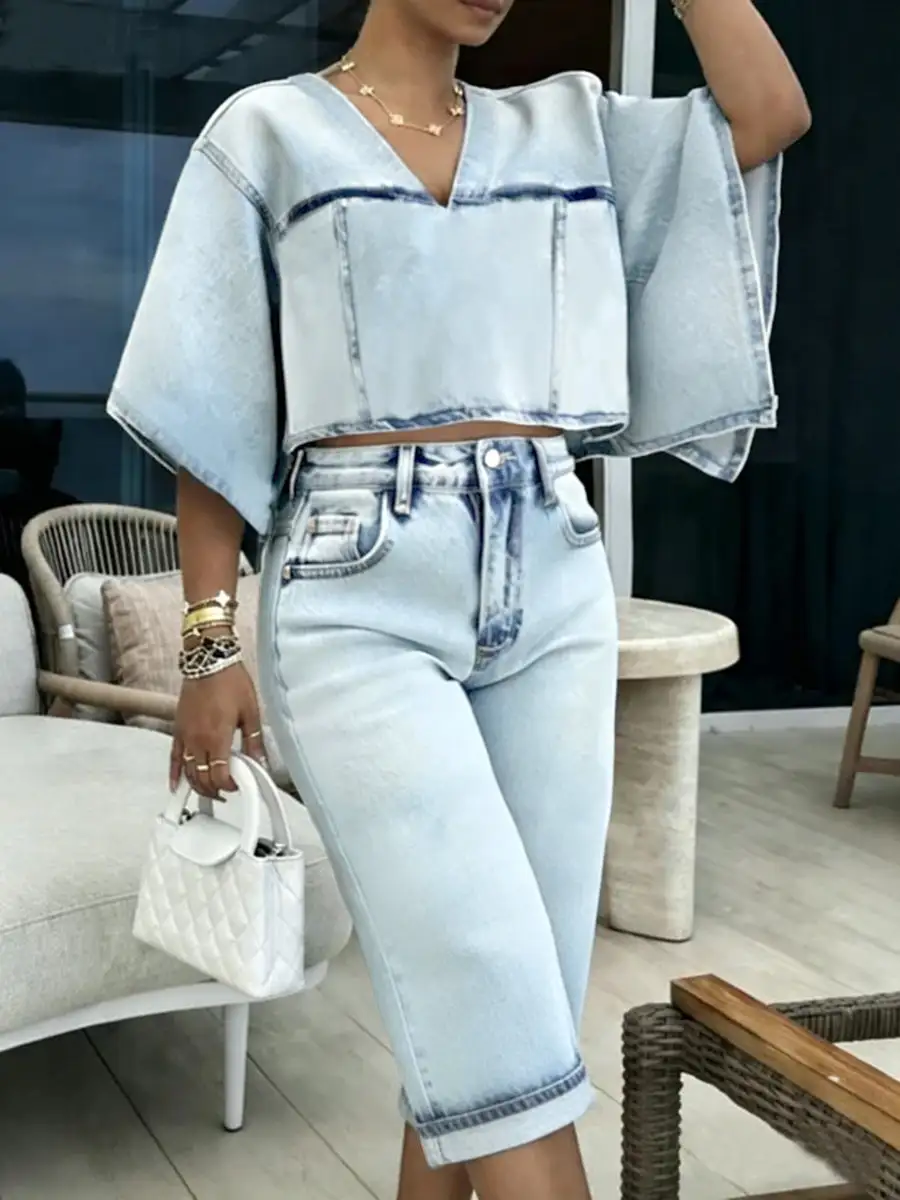 Denim Shorts Met Hoge Taille Knoopsluiting En Contrasterende