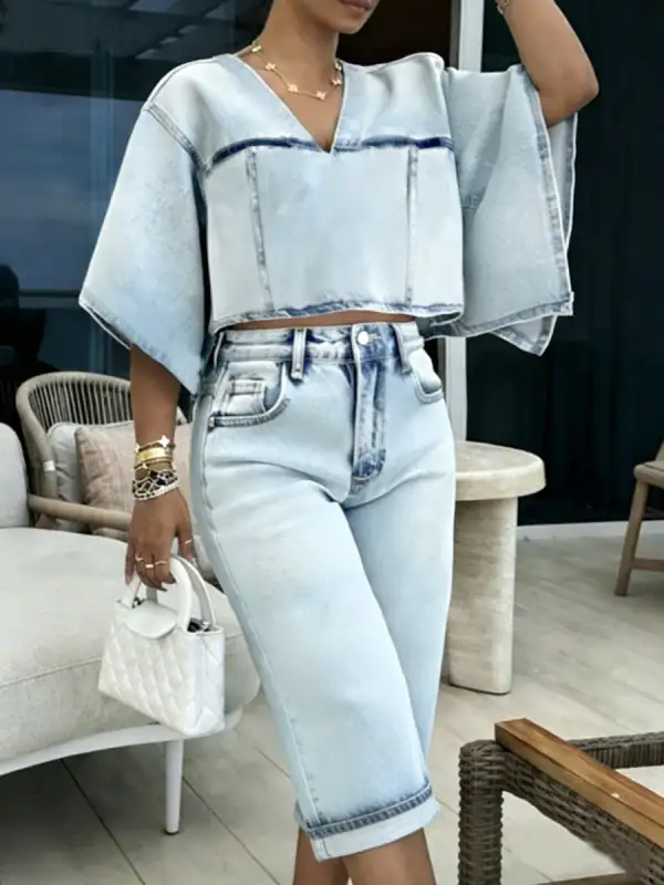 Denim Shorts Met Hoge Taille Knoopsluiting En Contrasterende