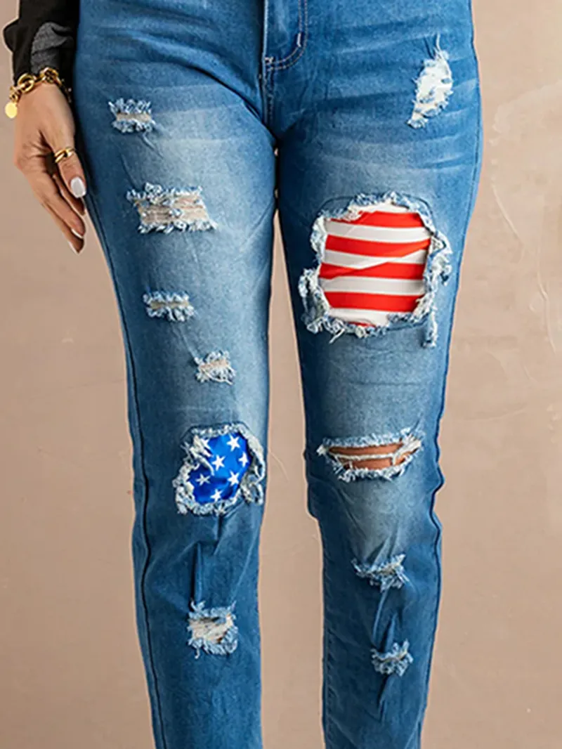 Casual flag print patchwork jeans