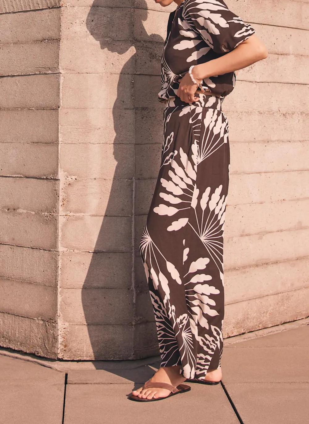 Casual Style Brown Palm Print Wide Trousers