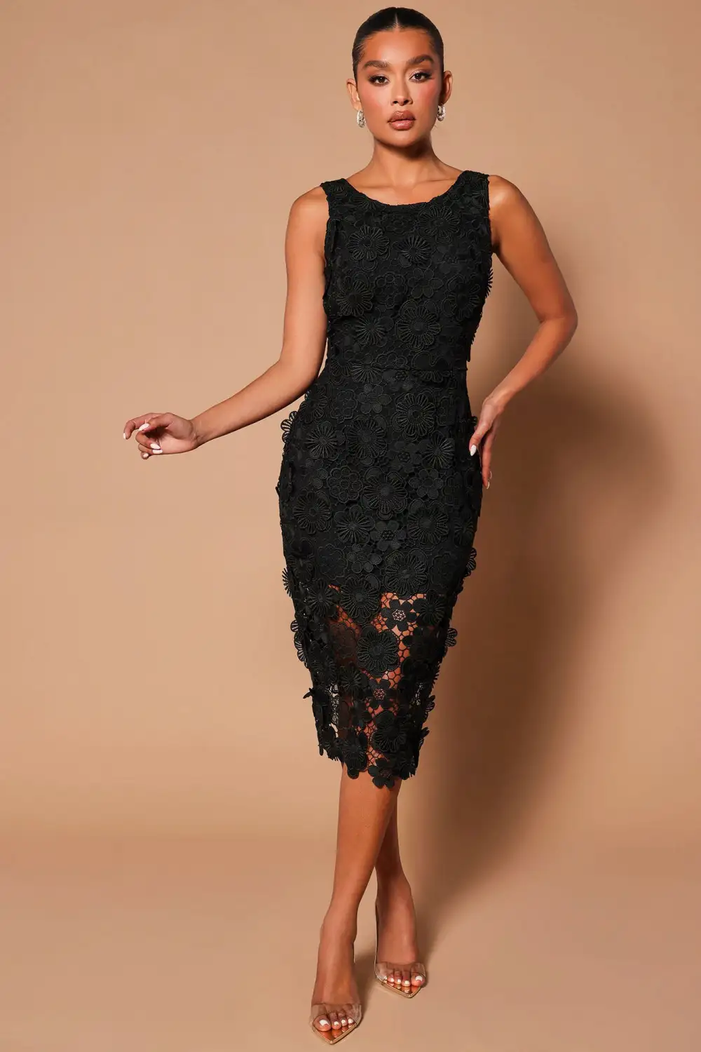 Portia Crochet Midi Dress - Black