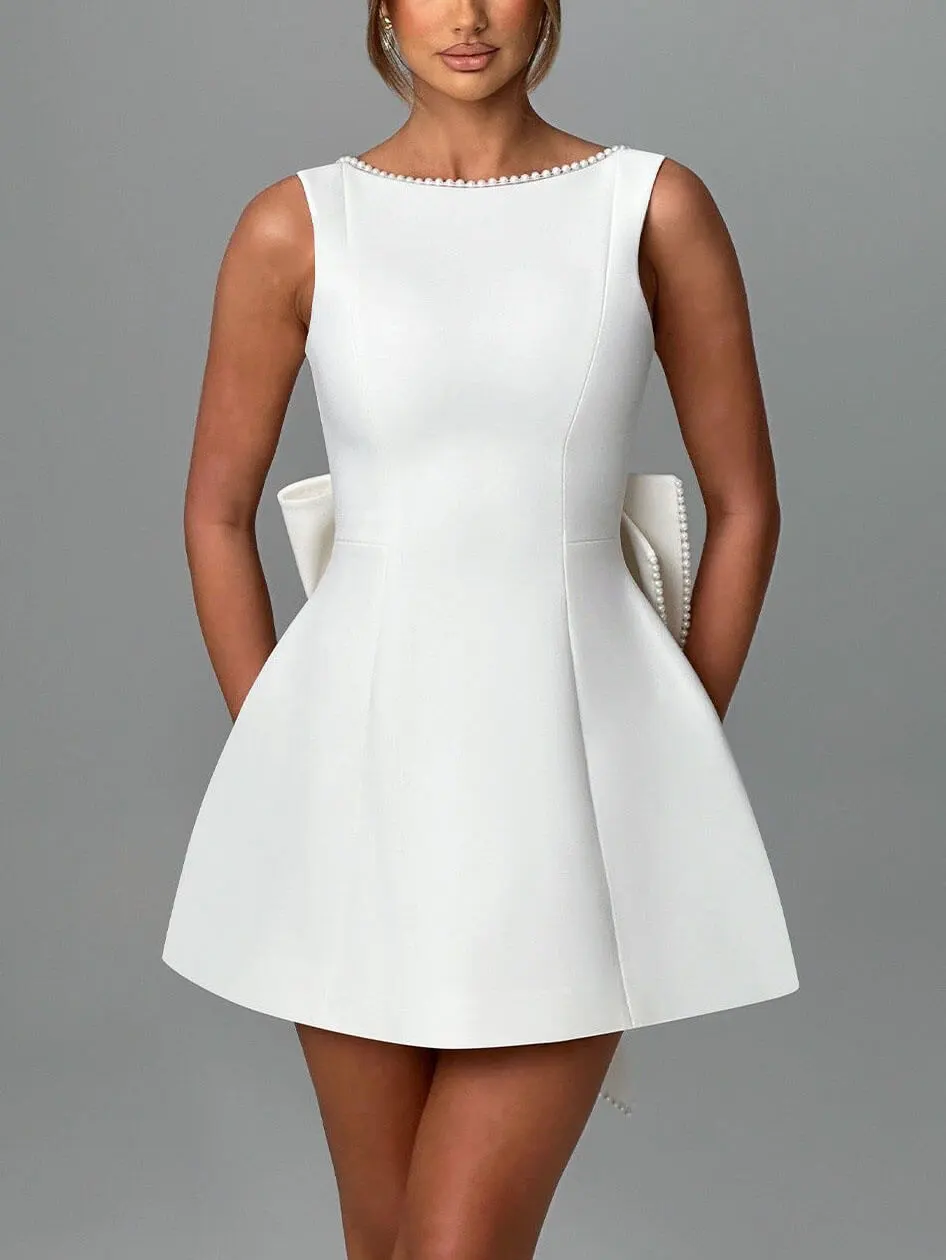 Pearl Bow Fitted Elegant Mini Dress