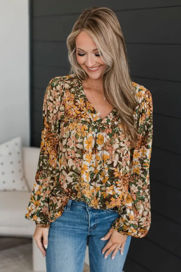 In The Meadow Floral Blouse- Brown & Mustard