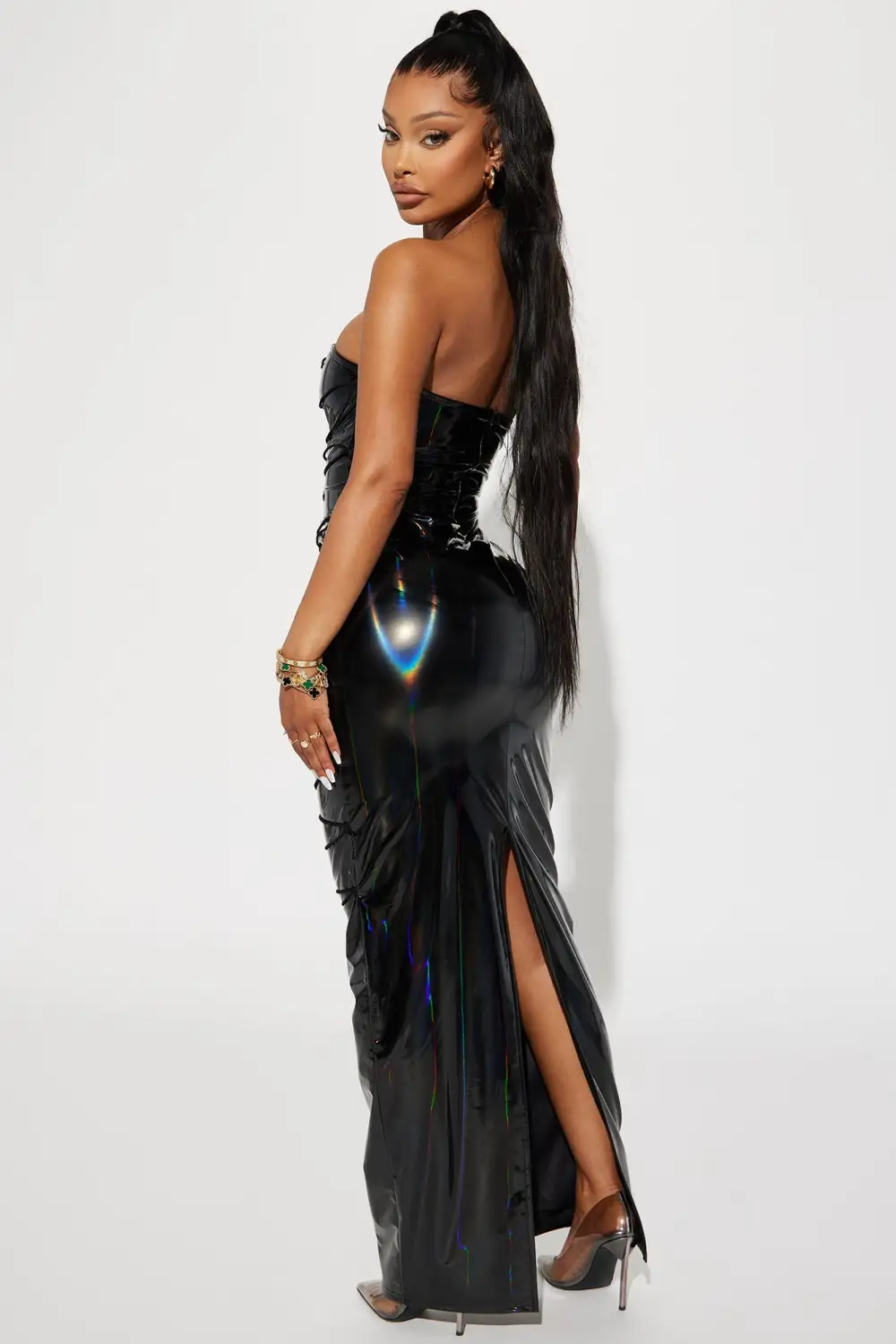 Lace Up Leather Maxi Dress - Black