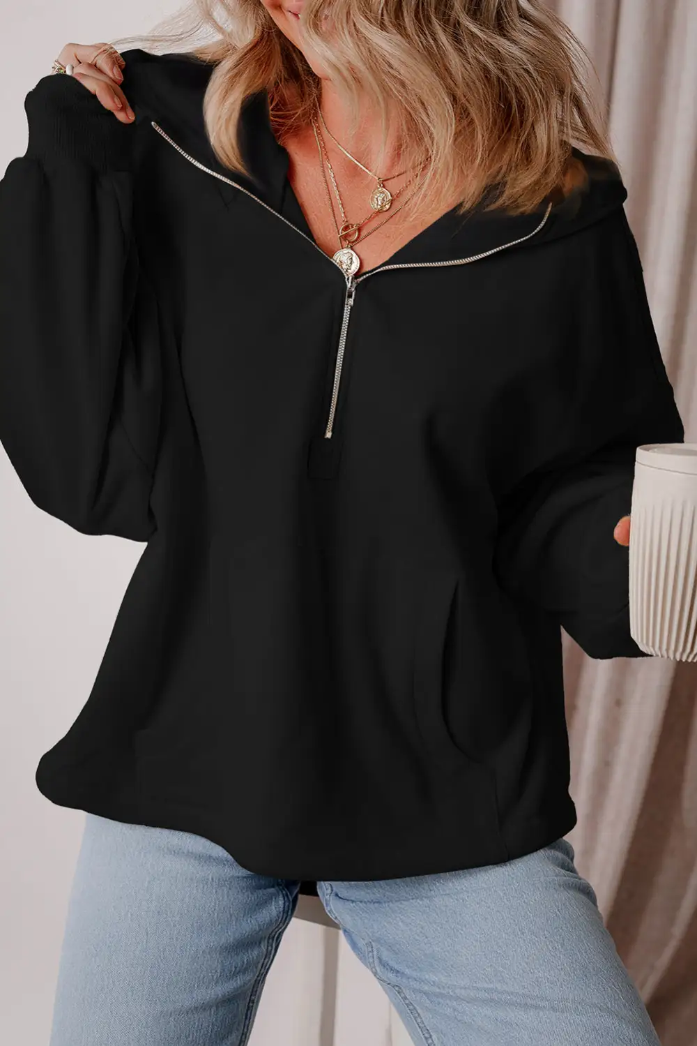 Everyday Relaxed Fleece Pocket Detail Zip Detail Hoodie