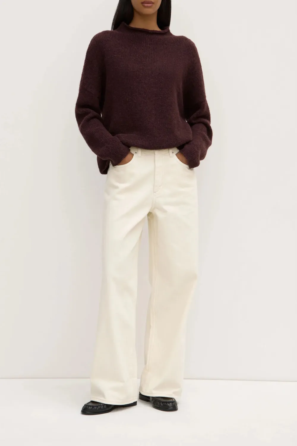 Loose Knit Sweater With Shoulder Drop And Stand Up Collar