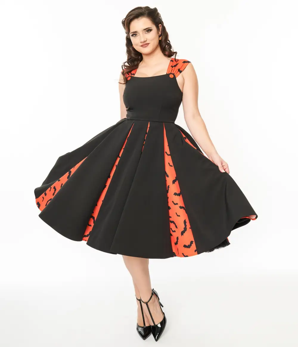 Unique Vintage 1950s Orange & Black Bat Stripe Swing Dress