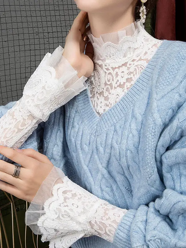 Flared Sleeve Long Sleeve Sheer Panel Detail Mock Neck T-Shirt