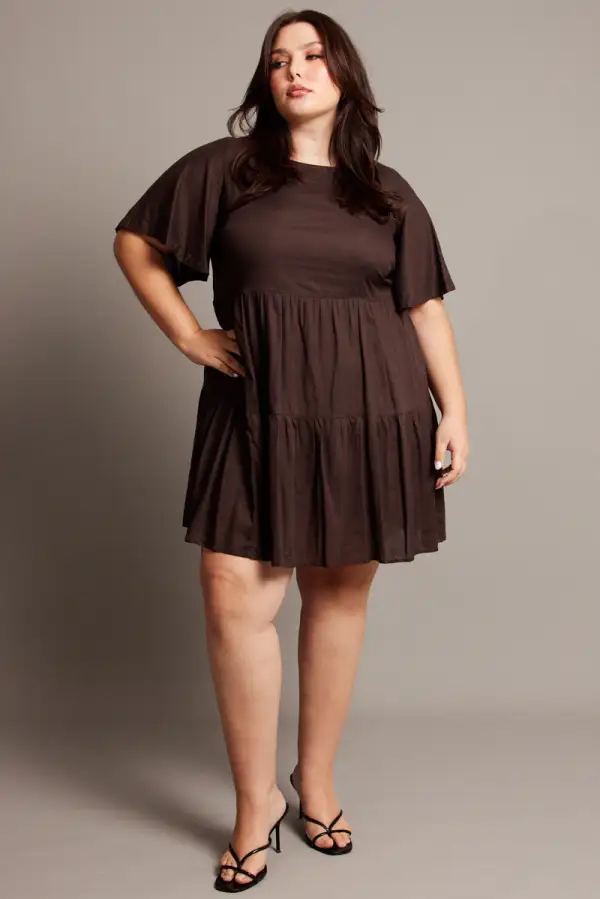 Brown Flare Sleeve Smock Minidress