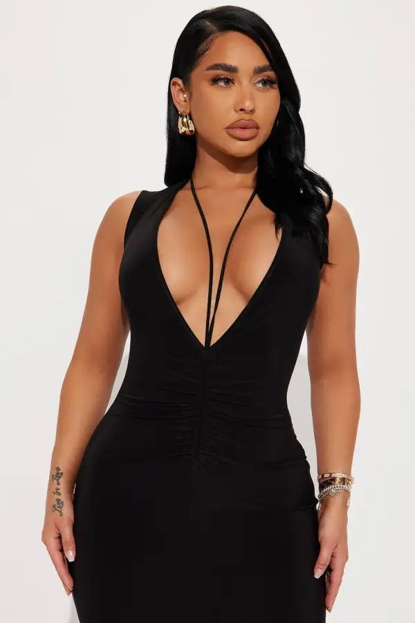 Figure It Out Deep V Neck Midi Dress - Black