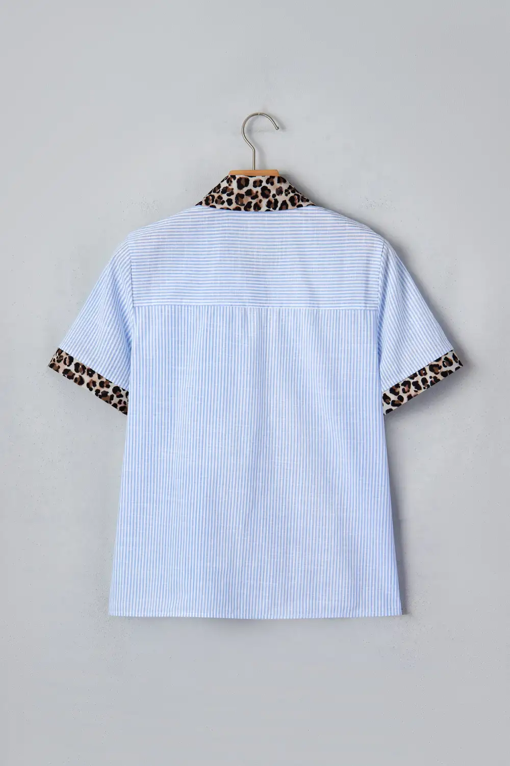 Sky Blue Stripe Leopard Contrast Collar Short Sleeve Shirt