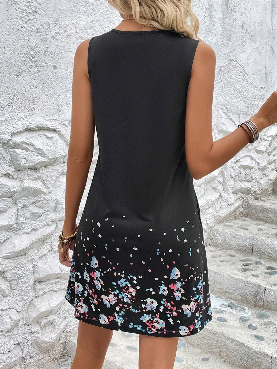 Women's Summer Everyday Club Dress Floral Print O-Neck Sleeveless Casual Trim Yes Waist Tank Dress