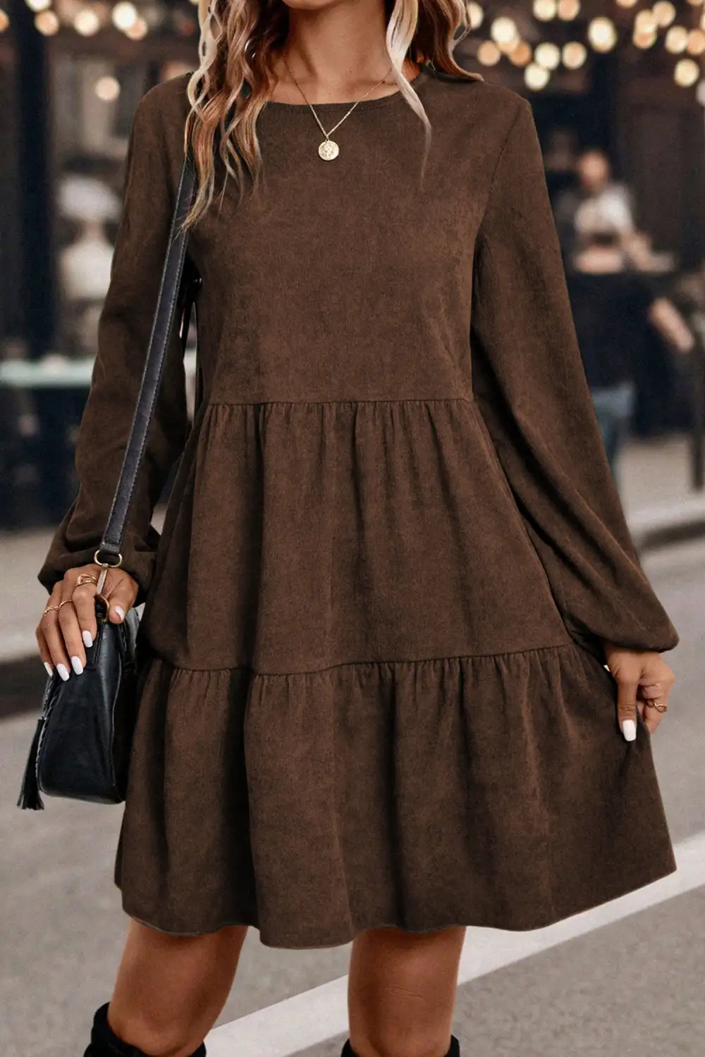 Dark Lantern Sleeve Tiered Mini Dress