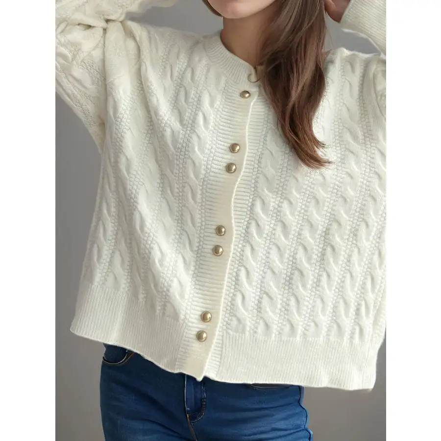 Cable Knit Round Neck Long Sleeve Cardigan