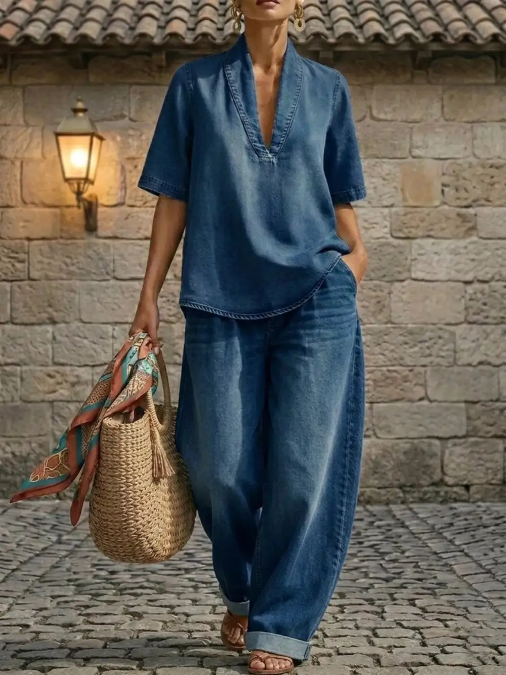 Half Sleeve Top and Wide Leg Pants Set