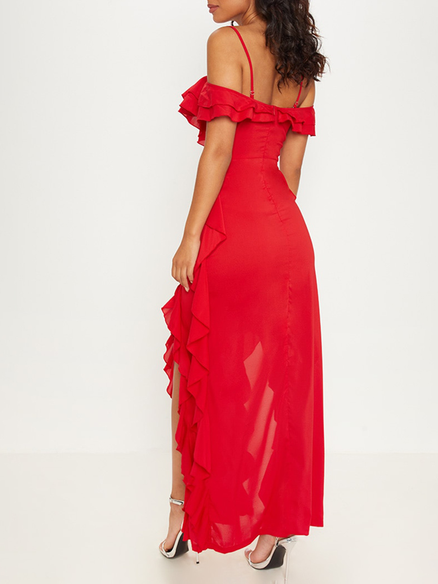 Red Cold Shoulder Ruffle Detail Maxi Dress