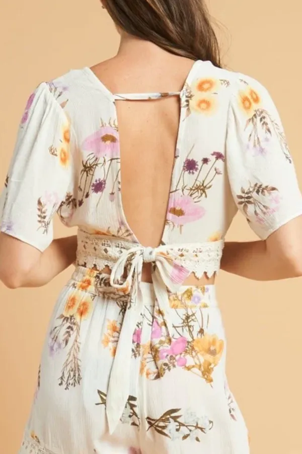 White And Multicolor Floral Print Wrap Crop Top