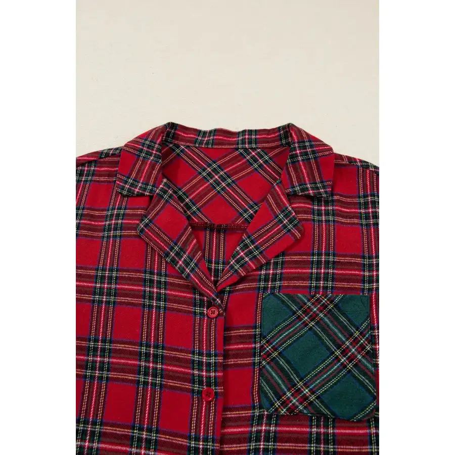 Plaid Contrast Patched Christmas Holiday Long Sleeve Shirt and Short Pcs Pajama Set