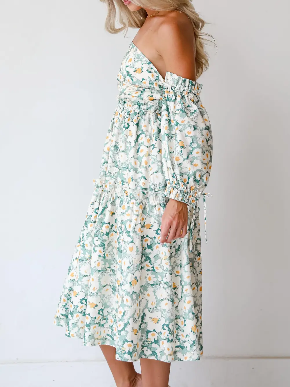 Sage Floral Off-The-Shoulder Midi Dress