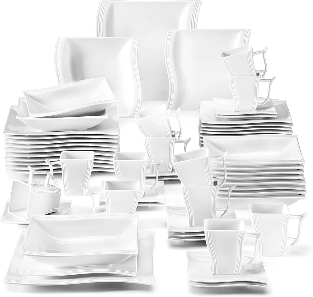 MALACASA Ivory White Dinnerware Sets, 60-Piece Square Dish Set for 12, Porcelain Dishes with Dinner Plates, Dessert Plates and Soup Plates, Cups and Saucers, Modern Dinnerware Oven Safe, Series Flora