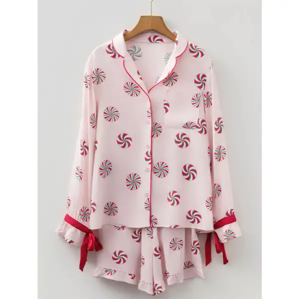 Christmas Candy Contrast Trim Bow Knot Top and Shorts Pcs Pajama Set