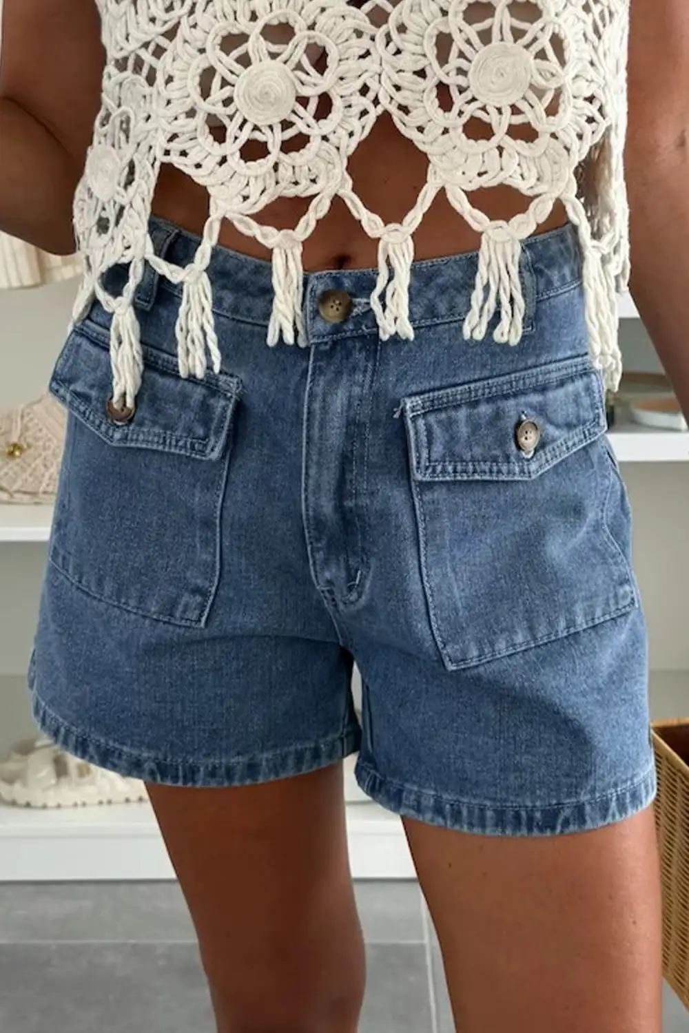 Flap Pockets Denim Shorts