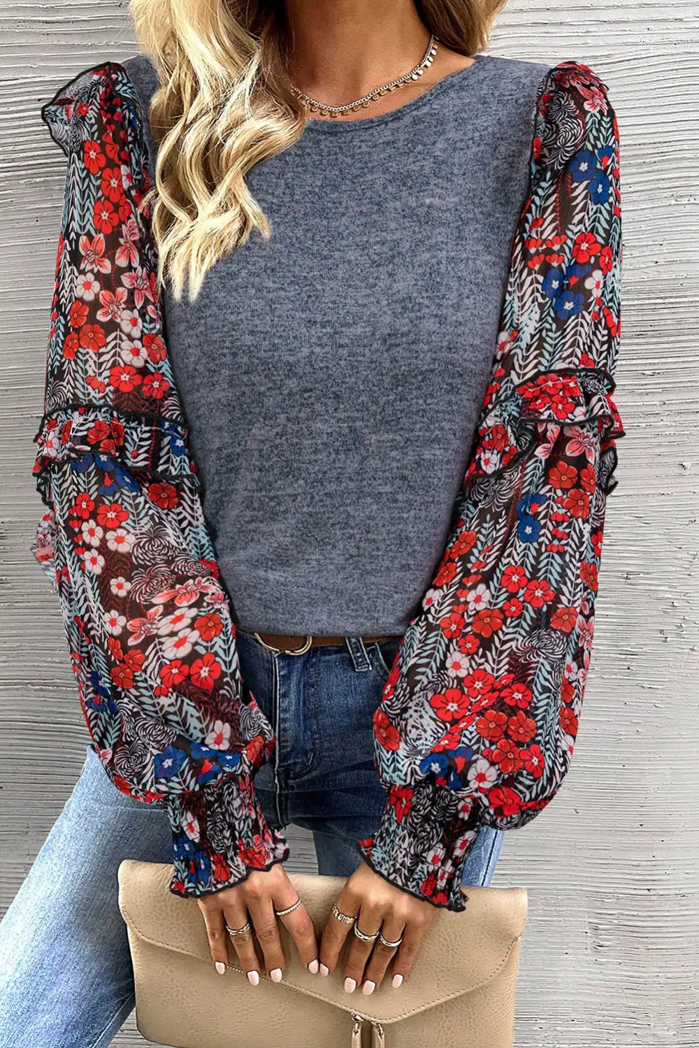 Floral Ruffled Crew Neck Blouse