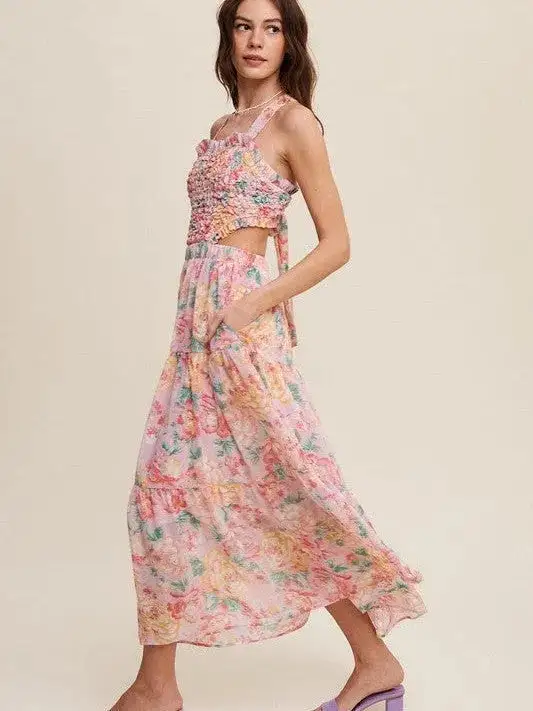 Romance is in the Air Textured Pink Floral Cutout Midi Dress