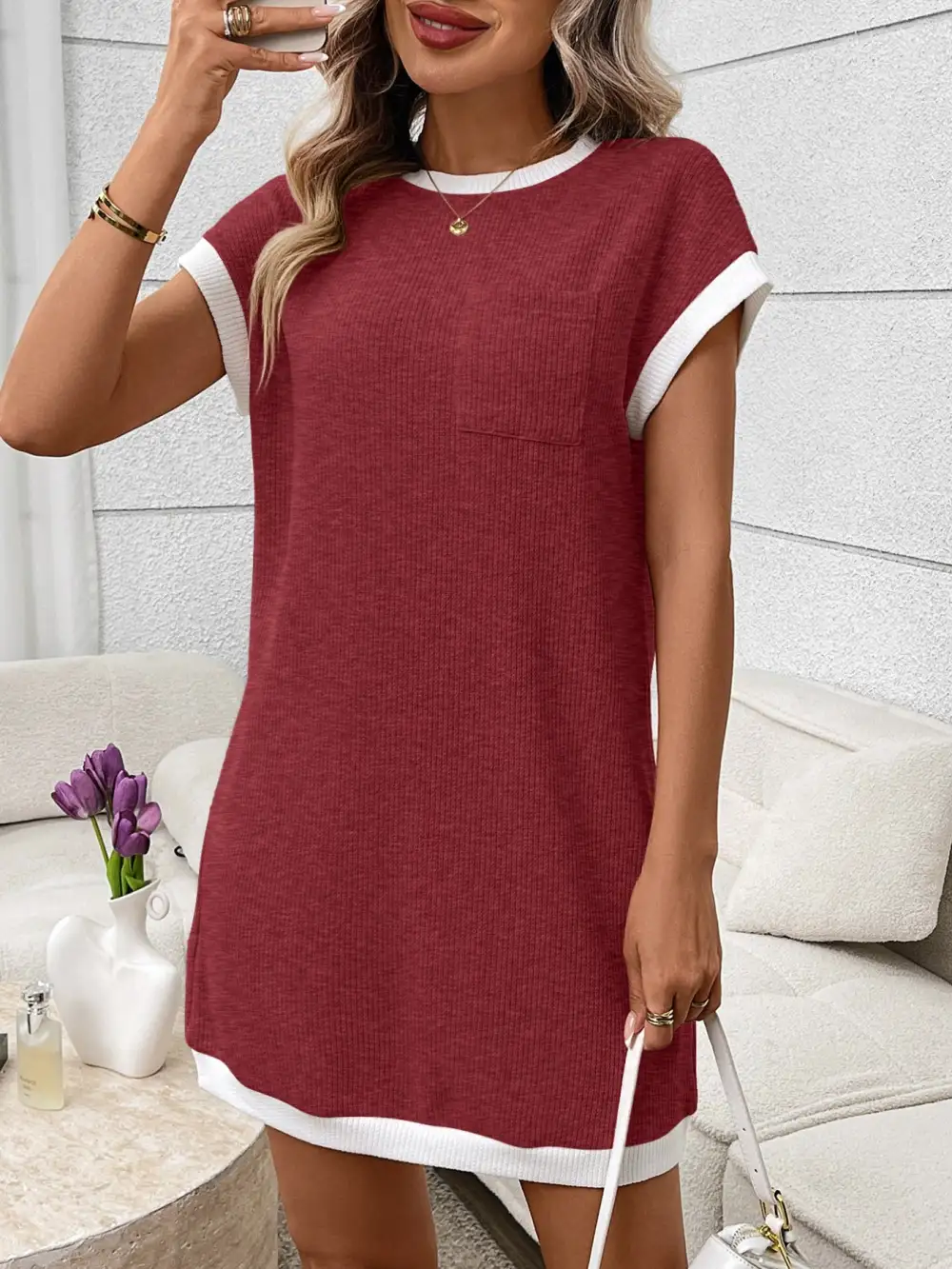 Ribbed Knit Pocketed Mini Dress