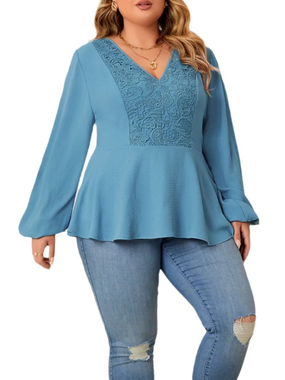 Women Long Sleeve V Neck Shirt Large Size Lace Shirt