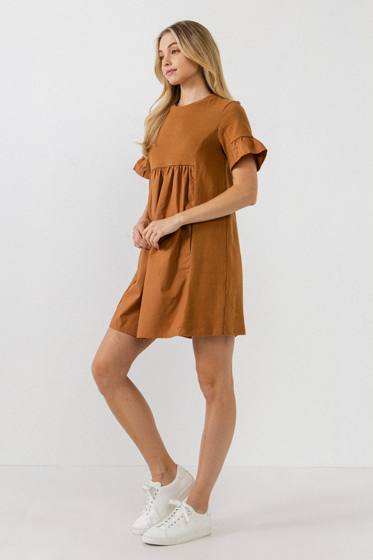 Mixed Media Short-Sleeve Mini Dress