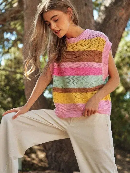 In a World Full of Color Crochet Multi Striped Sleeveless Knit Sweater