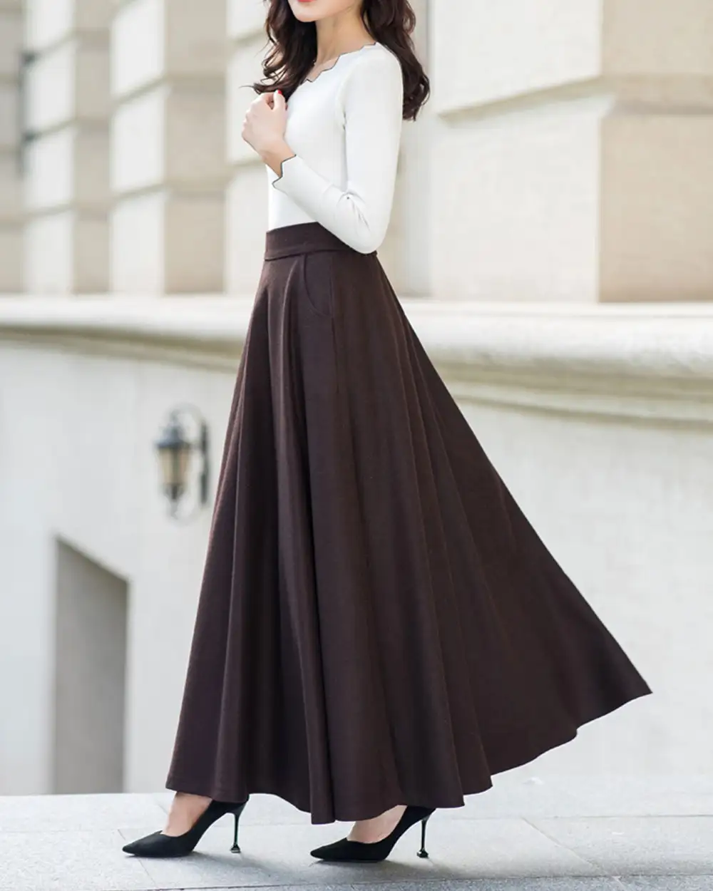 Relaxed Pocketed Wool Maxi Skirt